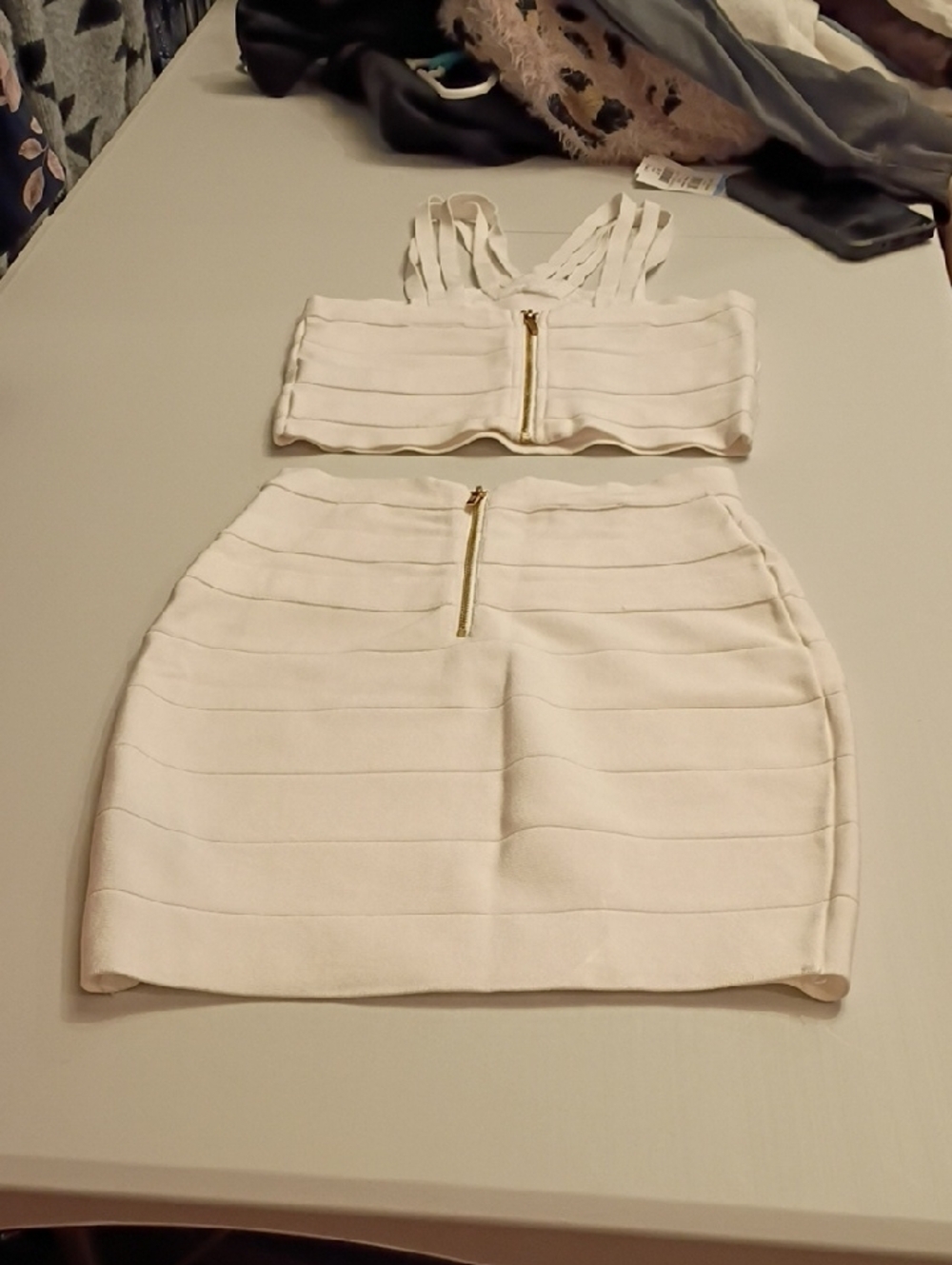 bebe White Bandage Mini Skirt  And Tank with Gold Buckle Accents - Picture 7 of 16
